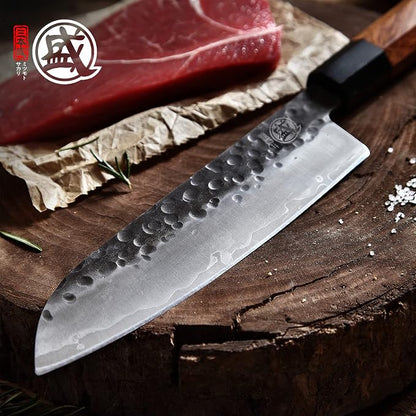 MITSUMOTO SAKARI 7-Inch Japanese Santoku Knife | Wide Santoku blade, 7-inch control, hand forged 3-layer 9Cr18MoV steel, rosewood handle