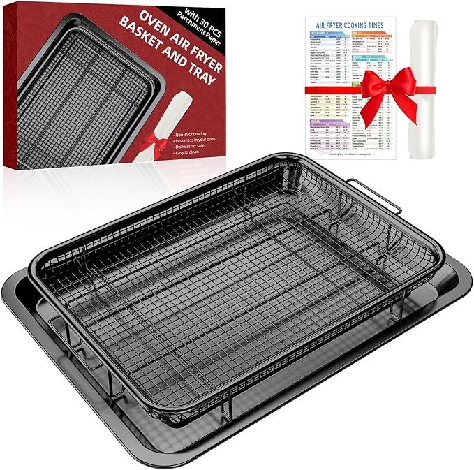 Air Fryer Pans for Oven, Oven Air Fryer Basket and Tray with Cooking Guide &30 PCS Parchment Papers, DEGOVIN Crisper Tray Non-stick Stainless Steel Air Fry Pans for Convection Oven(14.88"×10.98"Black)