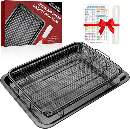 Air Fryer Pans for Oven, Oven Air Fryer Basket and Tray with Cooking Guide &30 PCS Parchment Papers, DEGOVIN Crisper Tray Non-stick Stainless Steel Air Fry Pans for Convection Oven(14.88"×10.98"Black)