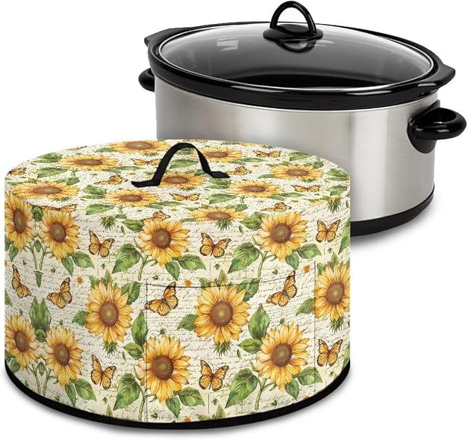 Sunflower Butterflies Slow Cooker Crock for Pot Cover Fits 6 7 8 qt Oval Slow Cooker Small Appliance Protection Cover with Pocket Kitchen Accessories Decor