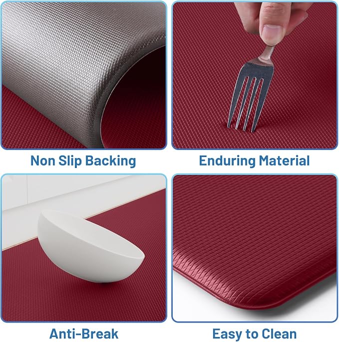 StepLively Kitchen Mat, 2 PCS Kitchen Rugs, Cushioned Kitchen Mats for Floor, Anti Fatigue Kitchen Rug Set, Non-Skid Standing Mat for Kitchen, Office, Sink, 17.3"×30"+17.3"×47", Red