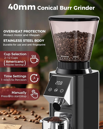 Tuni G1 Black Conical Burr Coffee Grinder with Black Digital Coffee Scale, 48 Grind Settings Anti-static Coffee Bean Espresso Grinder for Espresso/Drip/Cold Brew/French Press