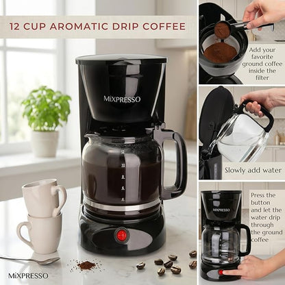 Mixpresso 12 Cup Coffee Pot, Auto-Off & Reusable Filter, Large Drip Coffee Maker, Borosilicate Glass Carafe, Anti-Drip, Water Window, Easy On/Off Switch, Black Coffee Machine