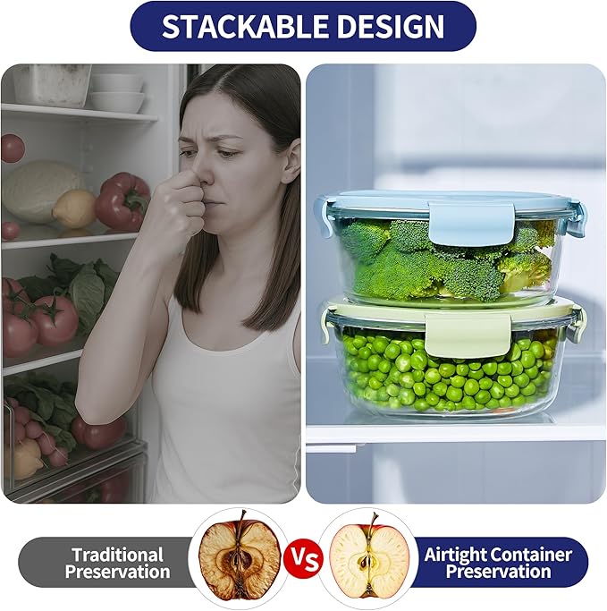 8 Pcs Round Glass Containers with Lids Airtight 4 Cup Glass Storage Containers Set Meal Prep Containers for Soup Leftover Microwave, Dishwasher, and Freezer Safe(4 Sets