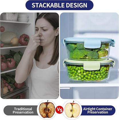 8 Pcs Round Glass Containers with Lids Airtight 4 Cup Glass Storage Containers Set Meal Prep Containers for Soup Leftover Microwave, Dishwasher, and Freezer Safe (6pc)