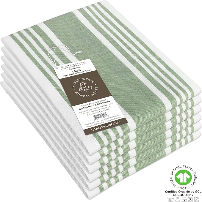 HONEST WEAVE GOTS Certified Organic Cotton Kitchen Hand and Dish Towel Sets - Oversized 20x30 inches, Fully Hemmed, in Designer Colors, 6-Pack, Sage Stripe