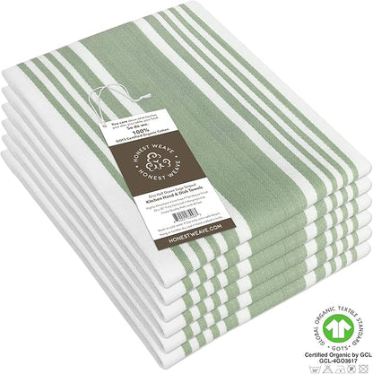HONEST WEAVE GOTS Certified Organic Cotton Kitchen Hand and Dish Towel Sets - Oversized 20x30 inches, Fully Hemmed, in Designer Colors, 6-Pack, Sage Stripe