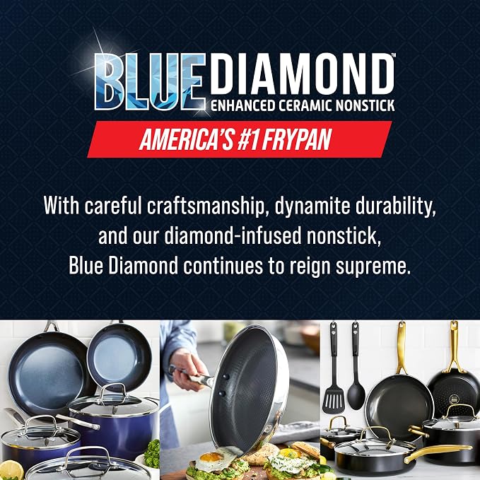 Blue Diamond Hybrid Nonstick Stainless Steel 8” & 10” Frying Pan Skillet Set, PFAS-Free Ceramic Diamond Bond Searing, Egg & Omelet Pan, Dishwasher Safe, Stay-Cool Handle, Induction Ready, All Cooktops