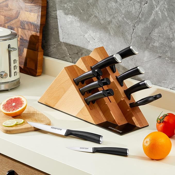 KINGSTONE 14-Piece Kitchen Knife Set with Block, High-Carbon Stainless Steel Knives Set, Ergonomic Non-Slip Handle, Professional Knife Set for Kitchen for Home Cooking & Gifting, Natural