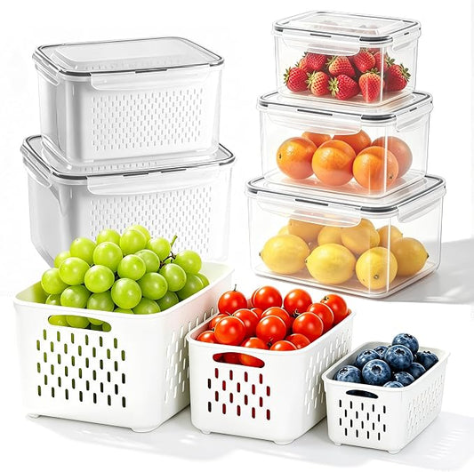 5 Pack Fruit Storage Containers for Fridge,Fruit Containers for Fridge with Removable Colanders,Leakproof Refrigerator Organizers and Storage for Produce Beery Vegetable Salad Meat Food Keep Fresh