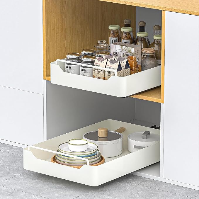KMC Cabinet Pull-Out Organizer – No Screw, Double Layers Drawers, Peel & Stick Sliding Pantry Shelf – Kitchen Pullout with Home Adhesive