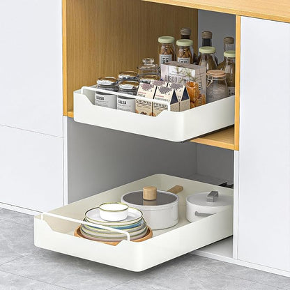 KMC Cabinet Pull-Out Organizer – No Screw, Double Layers Drawers, Peel & Stick Sliding Pantry Shelf – Kitchen Pullout with Home Adhesive