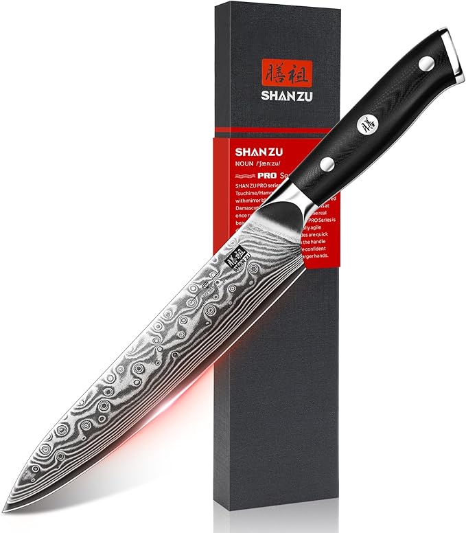 SHAN ZU Damascus Chef Knife, Utility Knife 6 Inch Japanese Steel Damascus Kitchen Knife, 67 Layers Professional High Carbon Super Steel Kitchen Knives with Ergonomic G10 Handle
