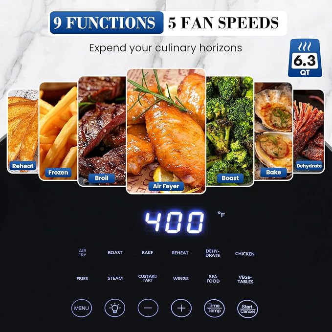 NEWBULIG Air Fryer, 6QT Square Airfryer with Visual Window, 400℉ Fast Heating Air Fryers Oven with Timer, Auto-Off, Non Toxic & Non Stick, Multiple 12 Modes for Roast, Bake, Dehydrate, Fry, Reheat