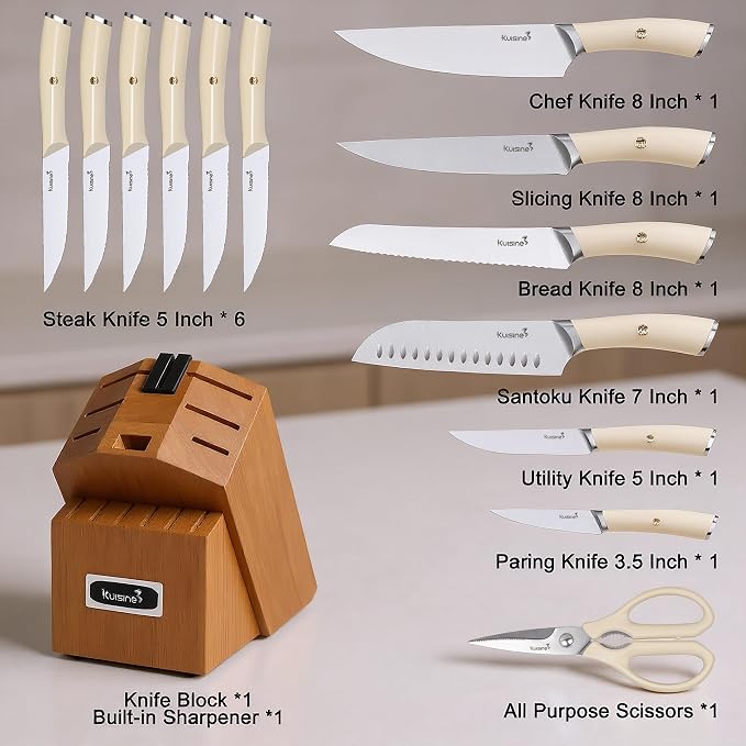 KUISINE Upgraded Sharp Chef Knife Set,High Carbon Stainless Steel Ergonomic Rivet Handle,Knife Block Set with Built-in Sharpener(Acacia Ivory Pro,15PCS)
