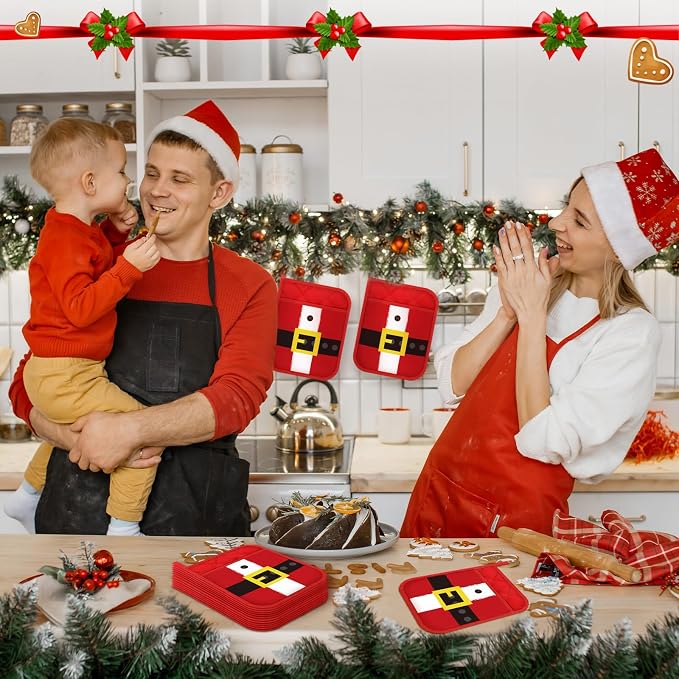 Roshtia 12 Pcs Christmas Pot Holders with Pocket Xmas Santa Pot Holders for Kitchen Winter Hot Pads Oven Mitts Cookie Bag Cute Heat Resistant Oven Gloves for Kitchen Gift Baking Cooking