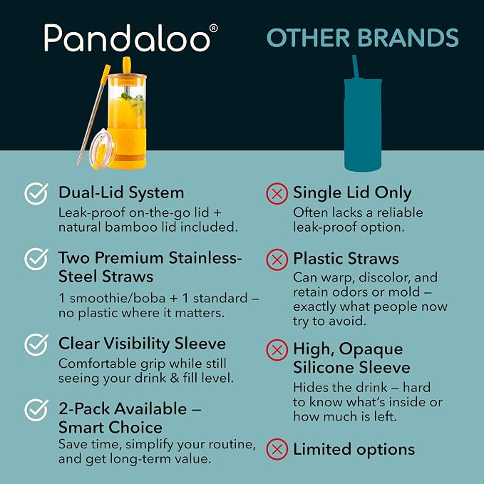 Pandaloo® Glass Cups With Lids and Straws -20 Fl Oz- Perfect Size Iced Coffee Cup - Smoothie Cup With Bamboo Lid and On the go Lid - Glass Tumbler With Straw (1 Count (Pack of 1), Maracuja Dream)