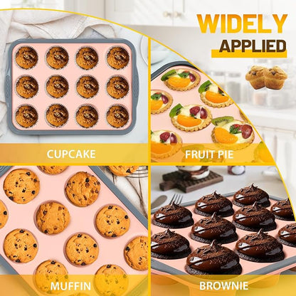 Silicone Muffin Pan, 12 Cups Non-Stick Cupcake Pan, Food-Grade BPA-Free Muffin Tin, Oven-Safe 450 °F, Reinforced Steel Frame, Easy-Grab Handles, Quick-Release 2.3" Baking Molds for Mini Treats