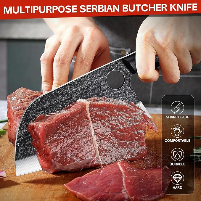 TIJERAS Butcher Knife Set, 3PCS Hand Forged Meat Cleaver, Serbian Chef Knife, Viking Knives with Sheaths, Meat Cutting Chef Knives Set for Kitchen Camping BBQ, Gifts for Men and Women