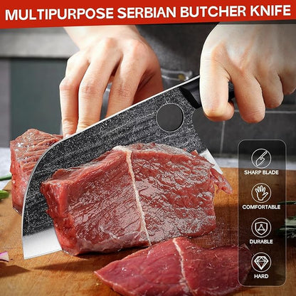 TIJERAS Butcher Knife Set, 3PCS Hand Forged Meat Cleaver, Serbian Chef Knife, Viking Knives with Sheaths, Meat Cutting Chef Knives Set for Kitchen Camping BBQ, Gifts for Men and Women
