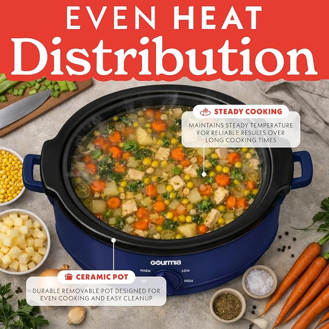 Gourmia Slow Cooker - 7 Quart Removable Ceramic Pot, Manual Controls with 3 Temperature Settings, Dishwasher Safe Crock and Glass Lid, Navy
