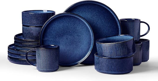 Famiware Star 16-Piece Stoneware Dinnerware Set, Service for 4, Reactive Glaze Mugs, Plates and Bowls, Dishes with Trim, Modern Rustic, Chip/Scratch Resistant, Microwave/Dishwasher Safe, Nebulas Blue