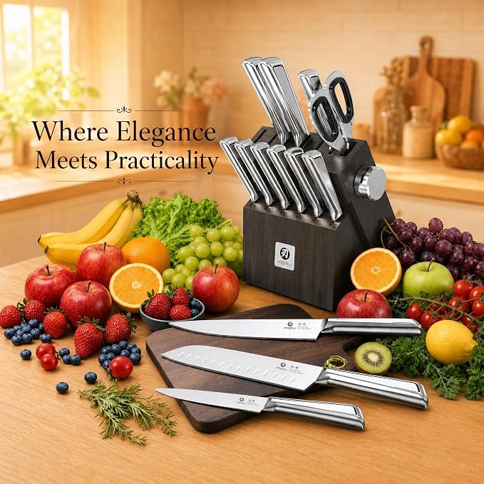 imarku 14-Piece Knife Set with Block, One Set for Meat, Fish, Veggies & Bread, Glides Through Every Cut, High Carbon Stainless Steel with Built-in Sharpener, Dishwasher Safe,Ergonomic Non-Slip Handle