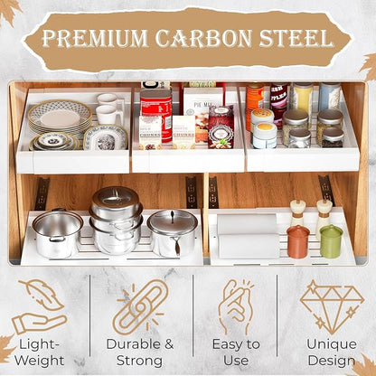 Pull Out Cabinet Organizer -Expandable – 12.56 x 18.89 Inch Pots And Pans Organizer Under Cabinet – Heavy Duty Carbon Steel Pull Out Drawers – Easy Installation No Screw Adjustable Cabinet Drawers