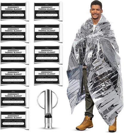 CloudTen Premium Quality Emergency Blanket Bundle | 10 Tear Resistant Blankets Plus Emergency Whistle | Reusable Emergency Mylar Blankets for Survival Gear and Supplies or Camping Essentials