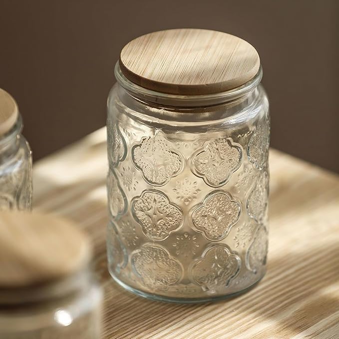 Custde Glass Storage Jars With Airtight Lid, 35oz Canister For Kitchen Counter with Bamboo Lid, brown sugar, candy, coffee, cookie, salt, tea,pantry cute Jar (35oz Large Begonia Flowers)
