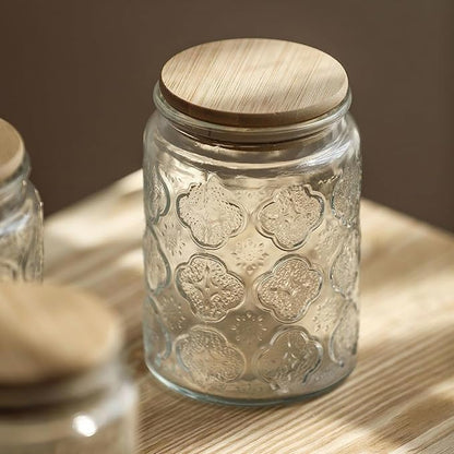 Custde Glass Storage Jars With Airtight Lid, 35oz Canister For Kitchen Counter with Bamboo Lid, brown sugar, candy, coffee, cookie, salt, tea,pantry cute Jar (35oz Large Begonia Flowers)