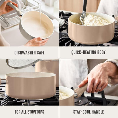 GreenLife 2 Quart Nonstick Saucepan with Lid, Non-Toxic Ceramic Pot, Dishwasher Safe, Stay-Cool Handle, Induction Ready, Fast Heating, PFAS Free, Easy Clean, Beige Taupe