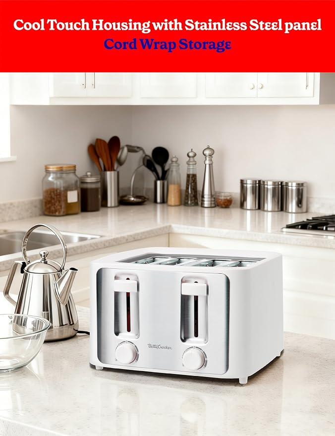 Betty Crocker 4-Slice Toaster, 1500W, Variable Toast Shade Control Dials, High Lift Feature, Cool Touch Housing, Bread Centering Guides, Drop Down Crumb Tray, BC-5635W, White