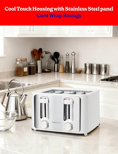 Betty Crocker 4-Slice Toaster, 1500W, Variable Toast Shade Control Dials, High Lift Feature, Cool Touch Housing, Bread Centering Guides, Drop Down Crumb Tray, BC-5635W, White