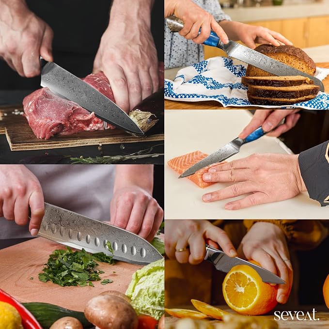 Damascus Kitchen Knife Set | 67-Layer Damascus Steel | Professional Japanese Chef Knife Set | Ergonomic Wood & Resin Handle | Gift Box Included (Blue, 5-Piece Set)