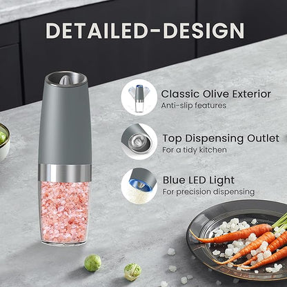 Battery Operated Salt And Pepper Grinder Set with LED Light, Automatic Electric Gravity Salt And Pepper Shakers Set, Each 6 AAA Batteries Needed, Adjustable Roughness, 2 Pack (LightGrey)