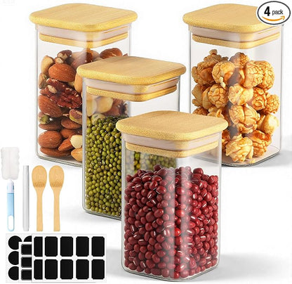 Glass Jars with Bamboo Lids, 4 Pack 8 Fl.oz Glass Canister with Airtight Lids, Wide Mouth Spice Jars Clear Food Storage Containers for Sugar Coffee Bean Tea - Included Labels, Spoon and Marker