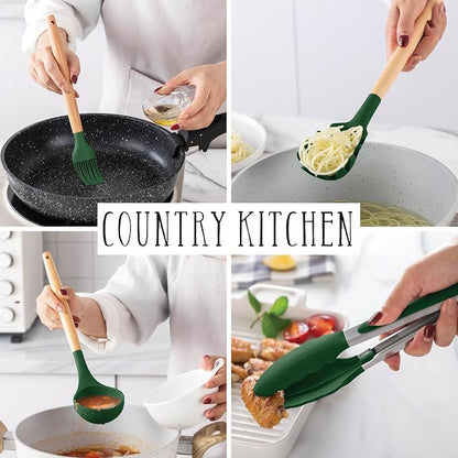 Country Kitchen Non Stick Silicone Utensil Set with Rounded Wood Handles for Cooking and Baking, 14 Piece Set, Green