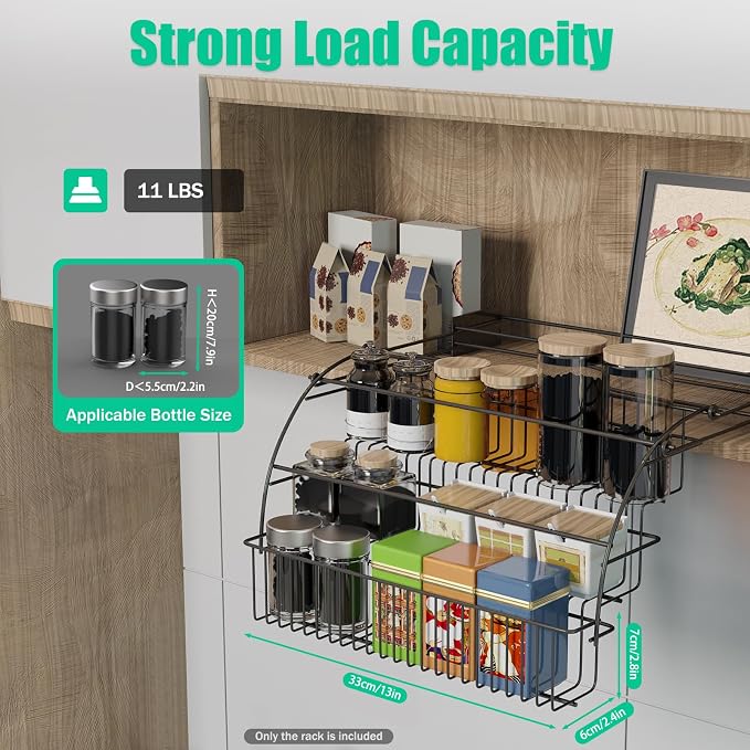 Pull Down Spice Rack for Upper Cabinets, 3-Tier Black Wire Organizer with Screw Mount for Deep Inside Storage