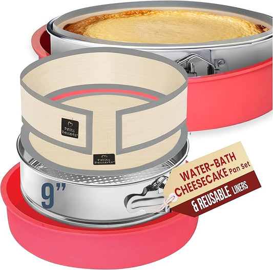 9 Inch Springform Pan for Cheesecake, with LEAKPROOF Silicone Sleeve & 2 REUSABLE Liners for WATER BATH Baking - No Foil Wrap & Parchment Needed, NON-TOXIC Stainless Steel Cheese Cake Pans for Baking