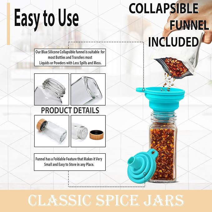 Glass Spice Jars with Bamboo Airtight Lids - (6 Pack) - 4 oz Square Spice Bottles with Shaker Lids - Clear Empty Shaker Seasoning Jars with Preprinted Spice Jars Labels and Collapsible Funnel Included