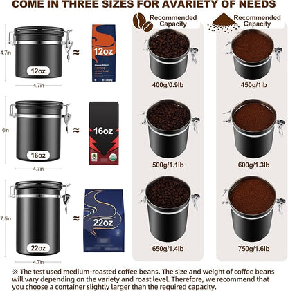 ShanSon Coffee Canister Airtight, Stainless Steel Bean Storage Container with Date Tracker & Scoop, Grounds Sugar Flour Tea Cereal Fits Kitchen Pantry, Ideal Gift for Coffee Lovers,12oz, Black