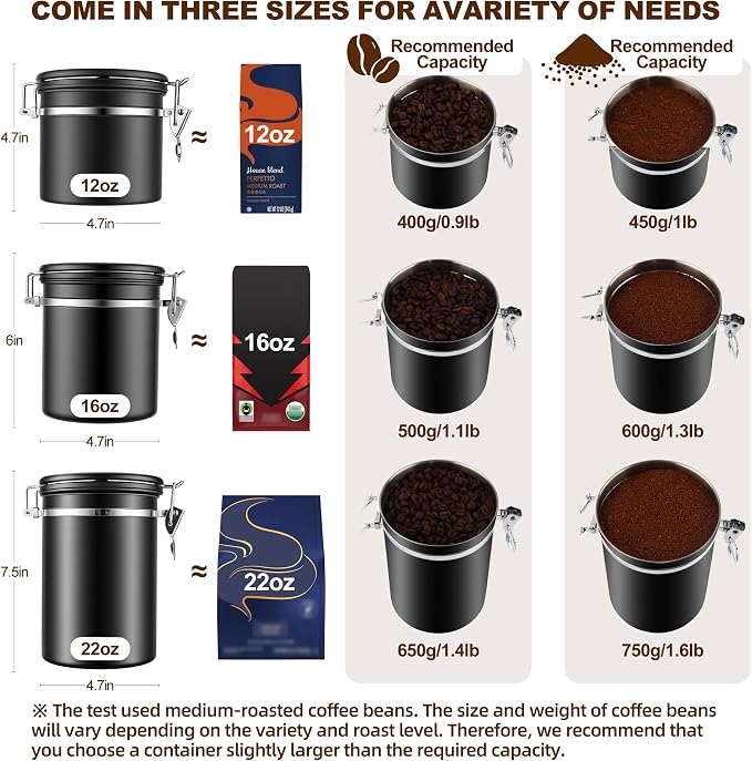 ShanSon Coffee Canister Airtight, Stainless Steel Bean Storage Container with Date Tracker & Scoop, Grounds Sugar Flour Tea Cereal Fits Kitchen Pantry, Ideal Gift for Coffee Lovers,16oz, Black