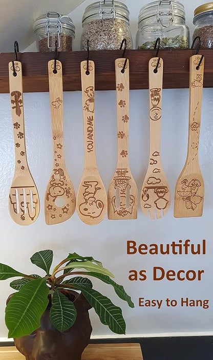 Bejky 6-Pcs Wooden Bamboo Spoons Set - Organic Food Cooking Utensils - Kitchen Accessories and Home Decor - Cookware Gifts for Women - Nonstick Easy Wash Spatulas - 3D Engraved Patterns (Cartoon Dog)