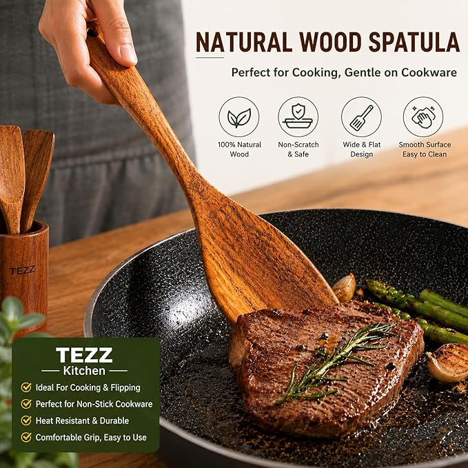 Wood Kitchen Utensils Set, 5 PCs Natural Acacia Wooden Spoons For Cooking for Non-stick Skillet, Utensil set For Cooking With Soup Ladle and Wok Spatulas, Salad fork, Spurtles for Cooking