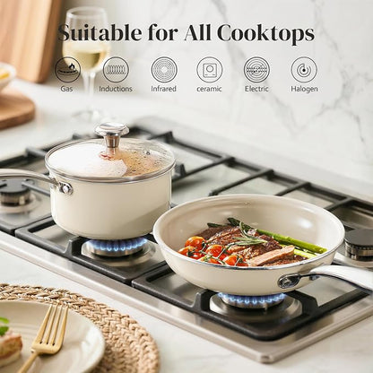 Redchef Nonstick Mini Cookware Set, 8"Ceramic Fry Pan 2.5Qt Sauce Pan with Lid, Fryingpan & Pots Set, Induction Compatible, Nontoxic, Oven Dishwasher Safe, PTFE & PFOA Free, Beige
