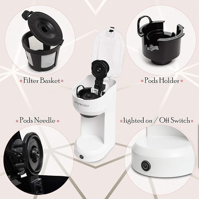 Mixpresso 2-in-1 Single Serve Coffee Maker - K-Cup & Ground Coffee Compatible - Fast 2-3 Min Brewing - Compact 14oz White Coffee Machine for Home Office