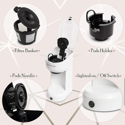 Mixpresso 2-in-1 Single Serve Coffee Maker - K-Cup & Ground Coffee Compatible - Fast 2-3 Min Brewing - Compact 14oz White Coffee Machine for Home Office
