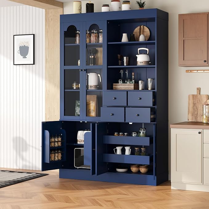 VilroCaz 75'' Tall Freestanding Kitchen Pantry Cabinet, Wood Large Cupboard Storage Buffet with Hutch, 4 Drawers, Door Shelves and Pull-Out Trays for Dining Room, Living Room (Blue-10.13)