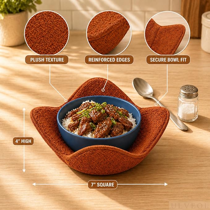 Set of 2 Microwave Bowl Cloth Hot Pads with Brown Color - Multipurpose Heat Resistant Plate Holders 7"x4" Inches - Pot Holder Microwavable Bowl Cozies for Food - Ramen Soup or Bowl Cozy